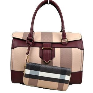 2-N-1 Plaid Print Flap Boston Satchel Bag & Wallet